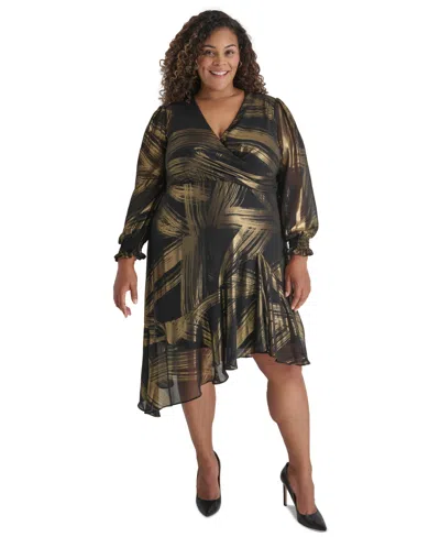 Dkny Plus Size Printed Asymmetric-hem Midi Dress In Black,gold