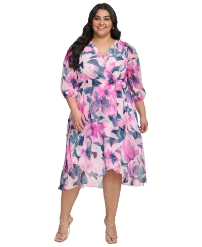 Dkny Plus Size Printed Blouson-sleeve Faux-wrap Dress In Power Pink Multi