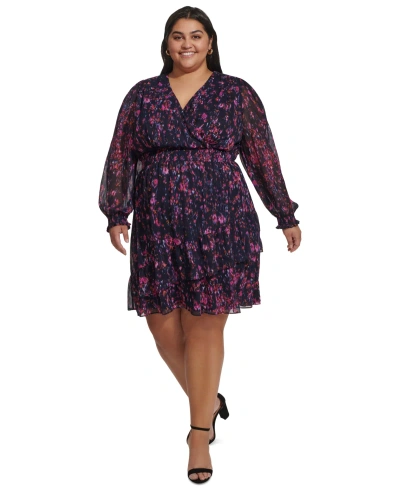 Dkny Plus Size Printed Blouson-sleeve Fit & Flare Dress In Navy,pink