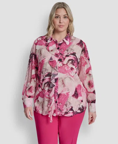 Dkny Plus Size Printed Button-front Top In Pink