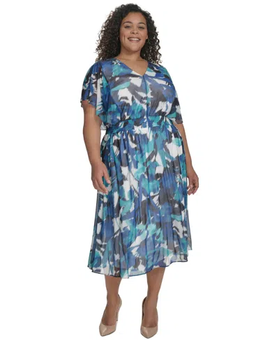 Dkny Plus Size Printed Flutter-sleeve Midi Dress In Ivory Multi