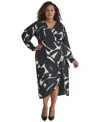 Dkny Plus Size Printed Side-wrap Long-sleeve Midi Dress In Black,eggshell