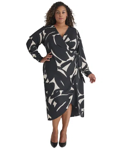 Dkny Plus Size Printed Side-wrap Long-sleeve Midi Dress In Black,eggshell