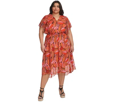Dkny Plus Size Printed Smocked Fit & Flare Dress In Pink Multi