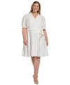 DKNY PLUS SIZE PUFF-SLEEVE TIE-WAIST FIT & FLARE