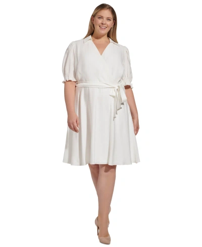 Dkny Plus Size Puff-sleeve Tie-waist Fit & Flare In Cream