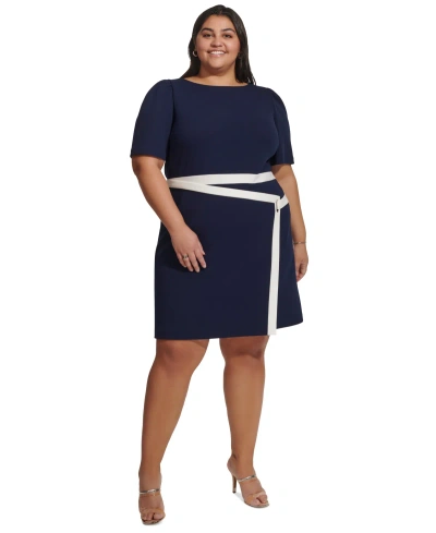 Dkny Plus Size Puff-sleeve Tipped Dress In Navy,ivory