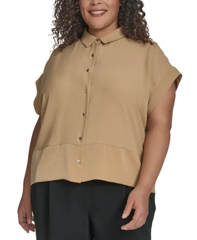 Dkny Plus Size Reverse-satin-trim Cap-sleeve Blouse In Camel