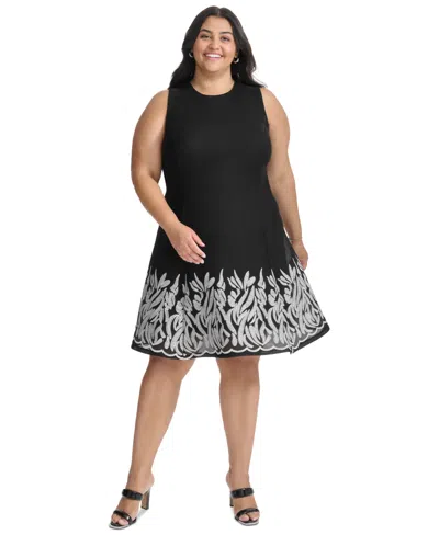 Dkny Plus Size Round-neck Embroidered-hem Fit & Flare Dress In Black,ivory