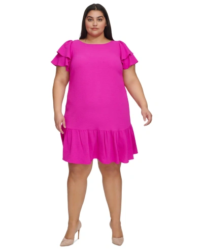 Dkny Plus Size Ruffle Flutter-sleeve Boat-neck Dress In Power Pink