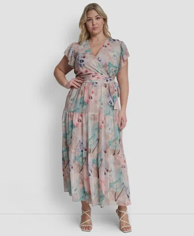 Dkny Plus Size Ruffle Short-sleeve V-neck Tie Waist Maxi Dress In Multi