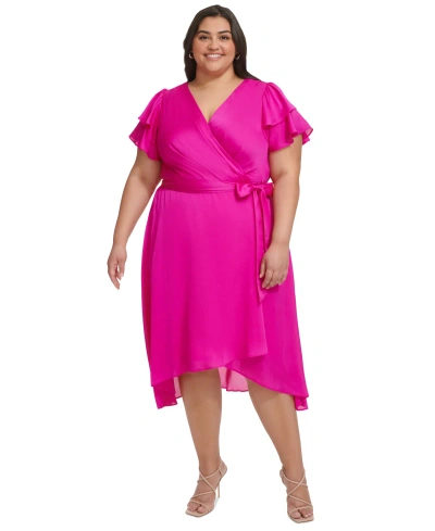 Dkny Plus Size Satin Ruffle-sleeve High-low Wrap Dress In Power Pink