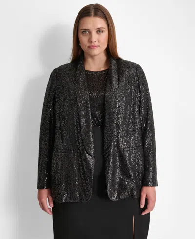 Dkny Plus Size Sequined Shawl-collar Long-sleeve Jacket In Black