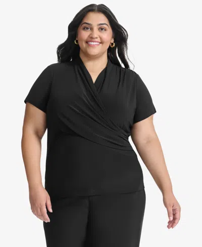 Dkny Plus Size Short-sleeve Faux-wrap Top In Black