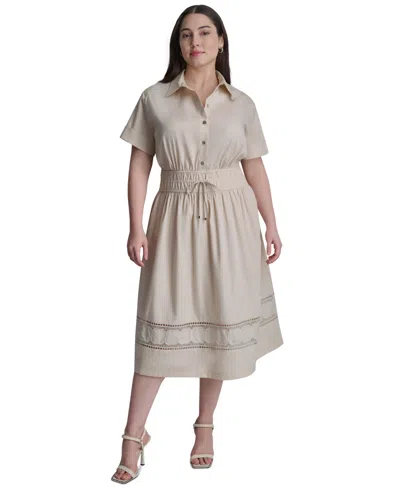 Dkny Plus Size Short-sleeve Smocked Shirt Dress In Neutral