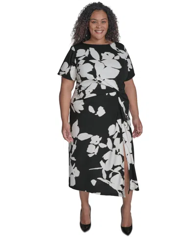 Dkny Plus Size Side-twist Short-sleeve Midi Dress In Black,ivory