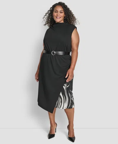 Dkny Plus Size Sleeveless Funnel Neck Belted Midi Dress In Multi