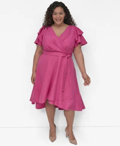 Dkny Plus Size Surplice Flutter-sleeve Fit & Flare Dress