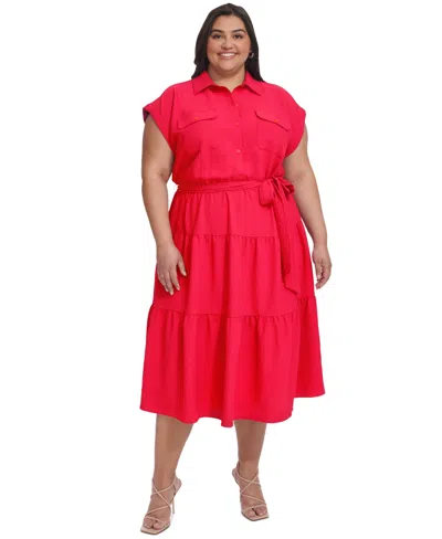 Dkny Plus Size Tiered Fit & Flare Shirtdress In Lipstick