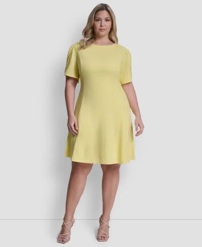 Dkny Plus Size Tulip Sleeve Fit And Flare Jewel Neck Short Dress In Yellow