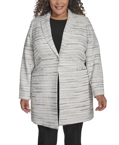 Dkny Plus Size Tweed One-button Notch-collar Topper In Ivory,black