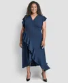 Dkny Plus Size V-neck Ruffle Sleeve Midi Dress In Blue
