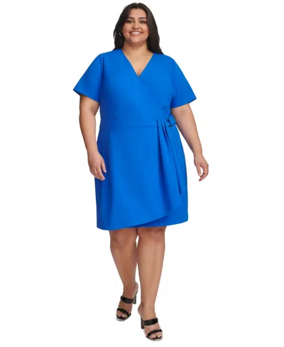 Dkny Plus Size V-neck Short-sleeve Scuba-crepe A-line Dress In Submerge