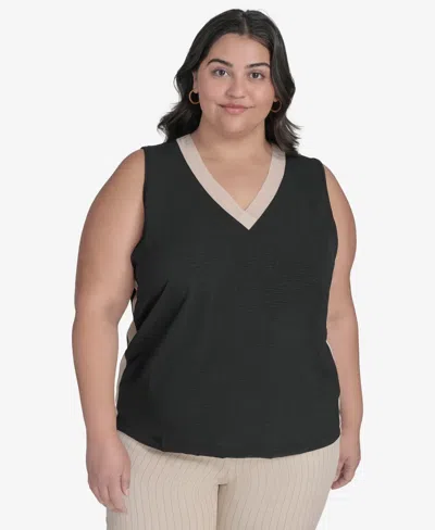 Dkny Plus Size V-neck Sleeveless Blouse In Black,chino Khaki