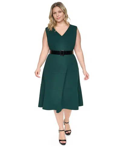 Dkny Plus Size V-neck A-line Midi Dress In Green