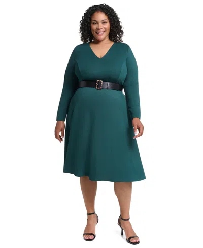 Dkny Plus Size V-neck Buckle Belt Midi Dress In Green