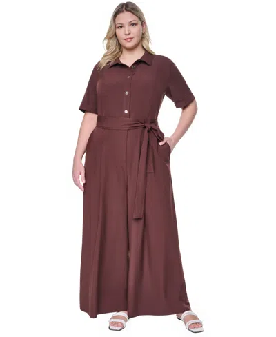 Dkny Plus Size Wide-leg Short-sleeve Tie Belt Jumpsuit In Brown