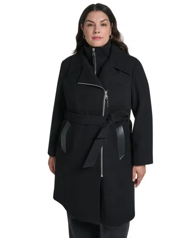 Dkny Plus Size Wool-blend Belted Wrap Coat With Bib In Black