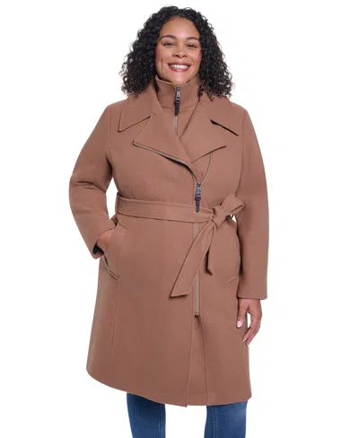 Dkny Plus Size Wool-blend Belted Wrap Coat With Bib In Brown