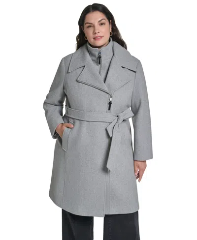 Dkny Plus Size Wool-blend Belted Wrap Coat With Bib In Gray