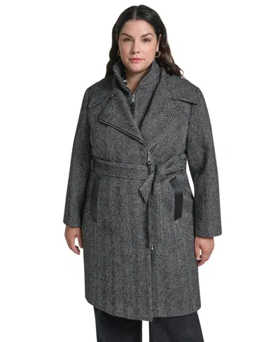 Dkny Plus Size Wool-blend Belted Wrap Coat With Bib In Gray