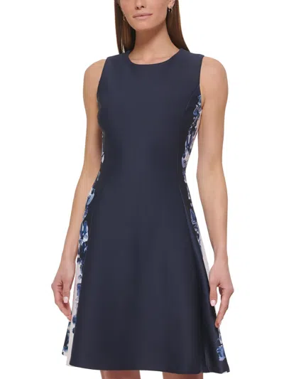 Dkny Plus Womens Cocktail Short Fit & Flare Dress In Blue