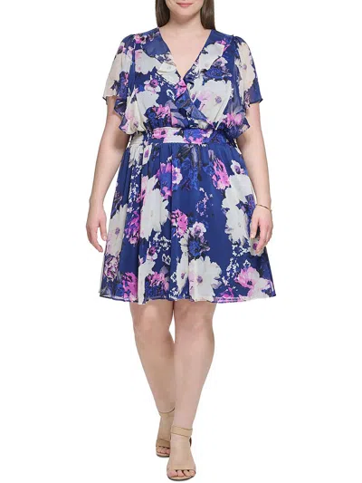 Dkny Plus Womens Cocktail Short Fit & Flare Dress In Blue