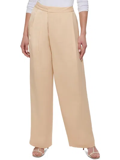 Dkny Plus Womens High Rise Pleated Wide Leg Pants In Beige