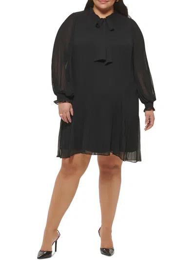 Dkny Plus Womens Pleated Chiffon Shift Dress In Black