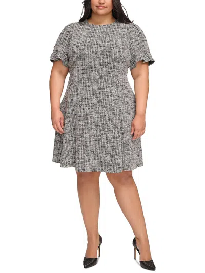 Dkny Plus Womens Printed Knit Fit & Flare Dress In Grey