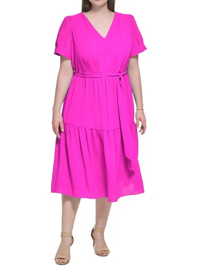 Dkny Plus Womens Tiered Polyester Midi Dress In Pink