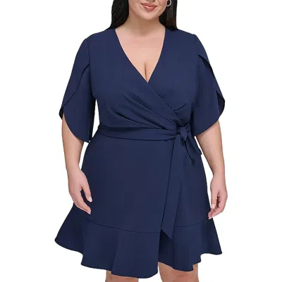 Dkny Plus Womens Wrap Flare Wrap Dress In Blue