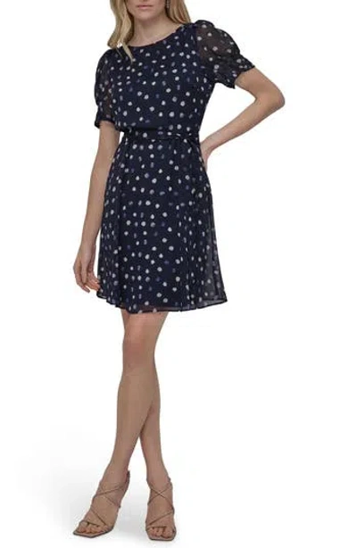 Dkny Polka Dot Fit & Flare Minidress In Navy Multi