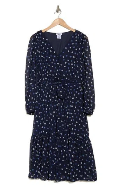 Dkny Polka Dot Long Sleeve Chiffon Midi Dress In Navy Multi