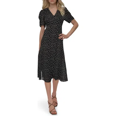 Dkny Polka Dot V-neck Short Sleeve Fit & Flare Dress In Black Multi