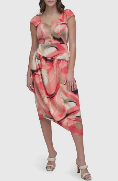 Dkny Print Asymmetric Hem Satin Midi Dress In Brushed Marble