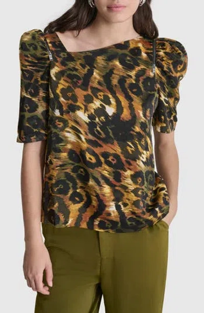 Dkny Print Asymmetric Zip Shoulder Top In Autmn Mix