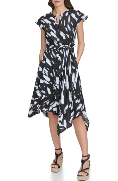Dkny Print Cap Sleeve Linen Shirtdress In Blk,wave B