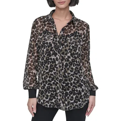 Dkny Print Chiffon Tunic Shirt In Spring Animal Utility Green