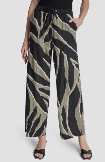 Dkny Print Linen Blend Drawstring Pants In Brown